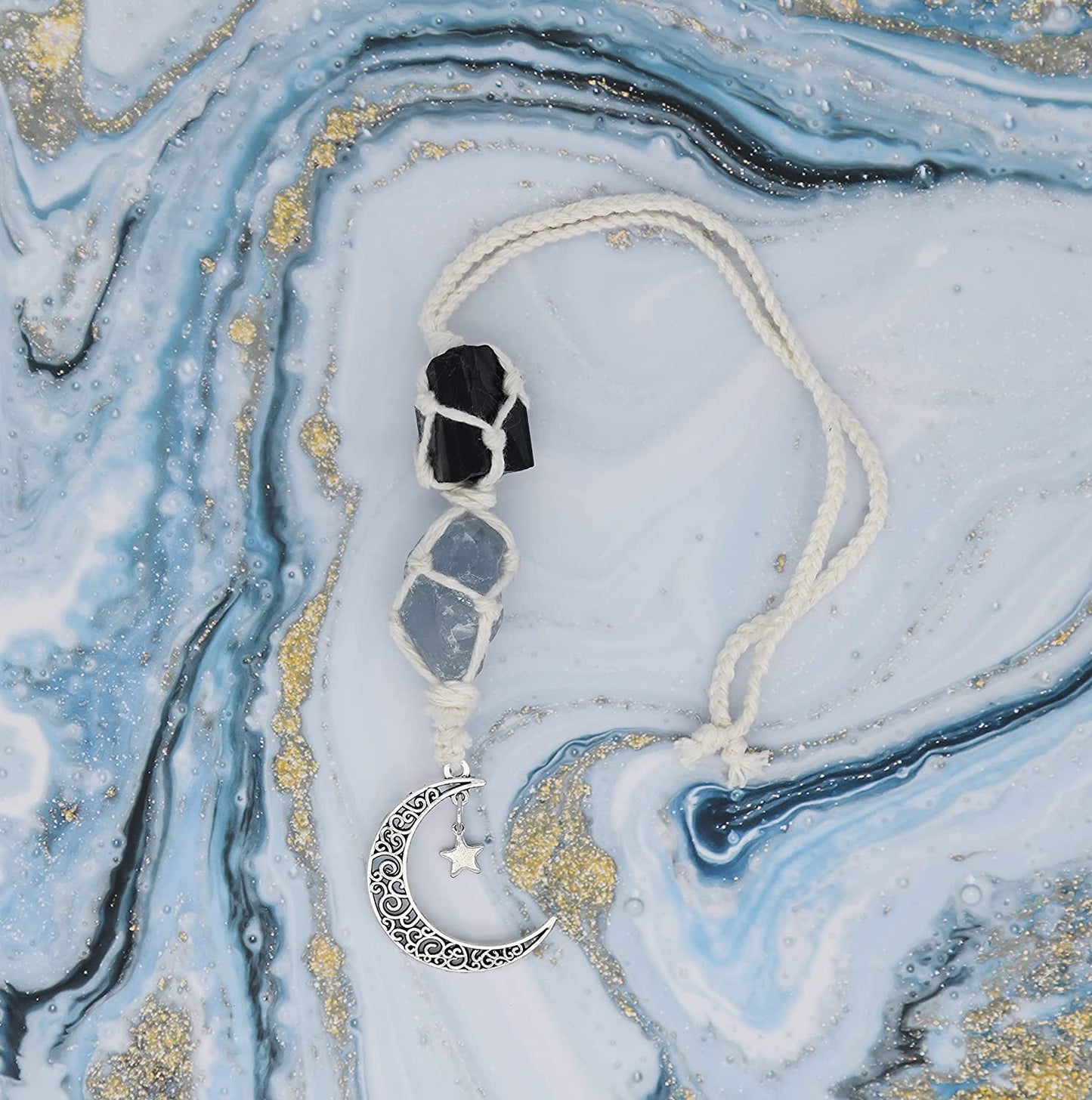 Hanging Car Charm - Black Tourmaline & Blue Calcite - Dangling Moon & Healing Crystal Accessories, Rearview Mirror Decorations - Confidence, Calmness, Creativity, Protection, Communication