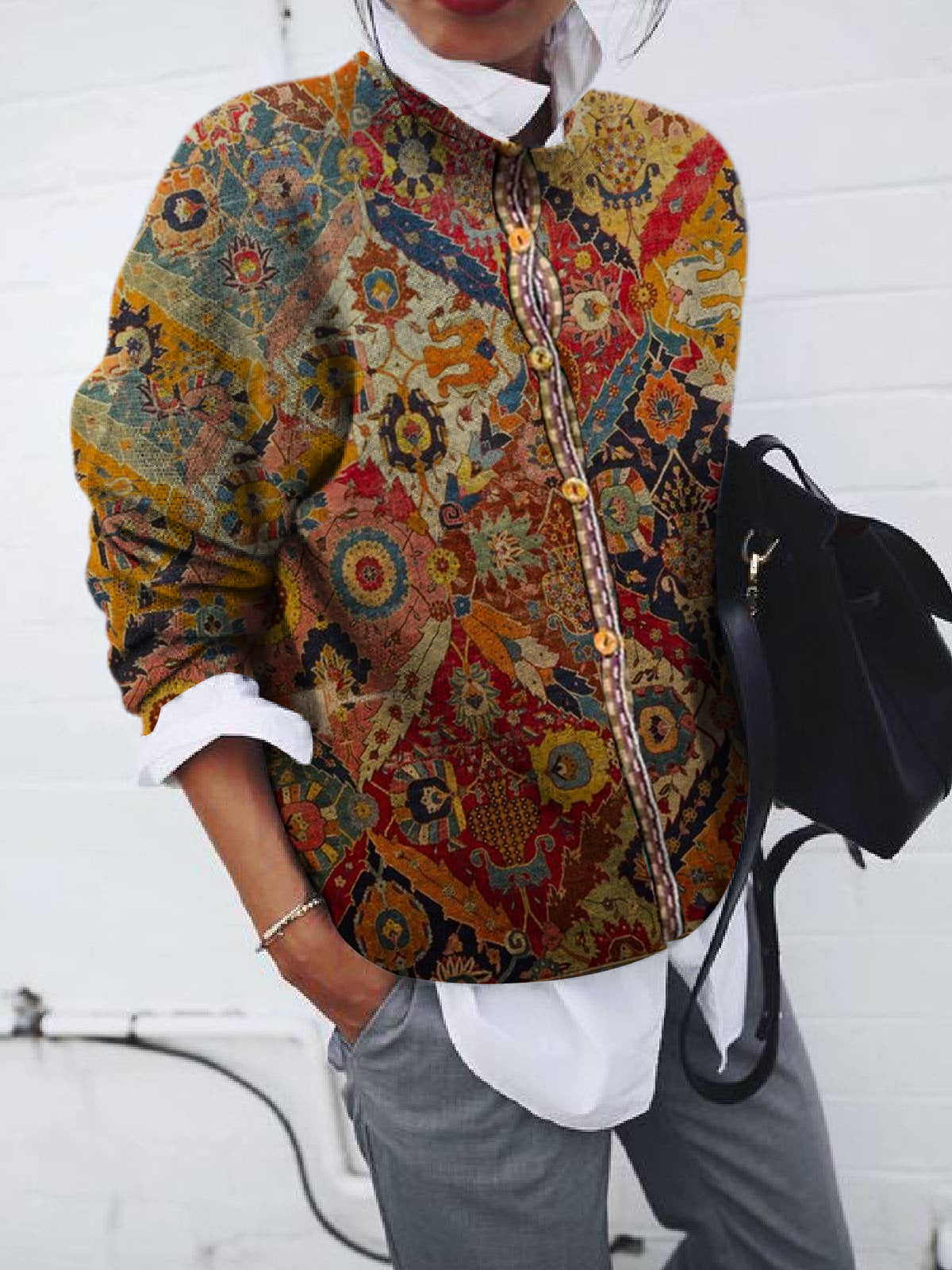 Fashion Brushed Geometric Print Cardigan Long Sleeve
