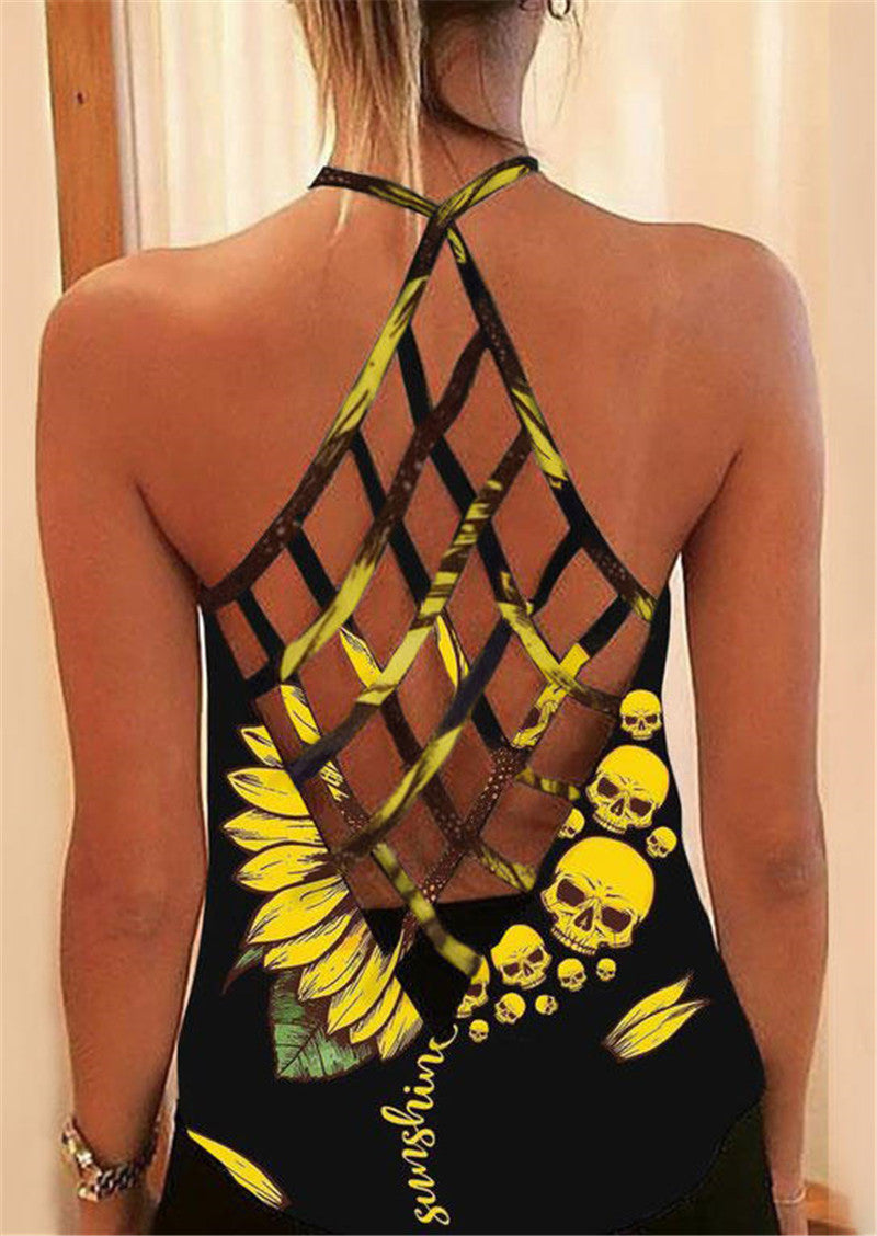 Amazon AliExpress Summer New Printed T-shirt Cross Hollow Back Spaghetti-strap Camisole Top Women In Stock