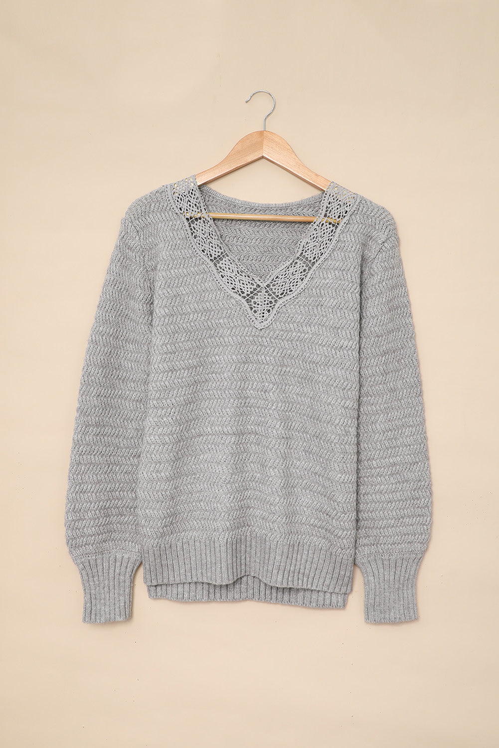 Beige Lace Scalloped V-Neck Side Split Loose Sweater