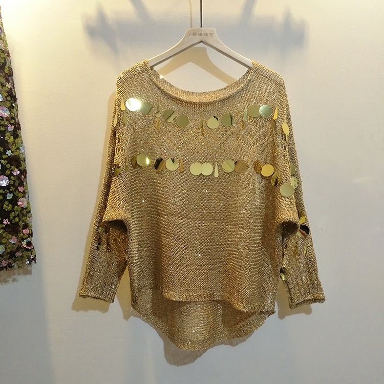 Women's One-word Neck Loose Pullover Bat Sleeve Sequined Top Knit Sweater