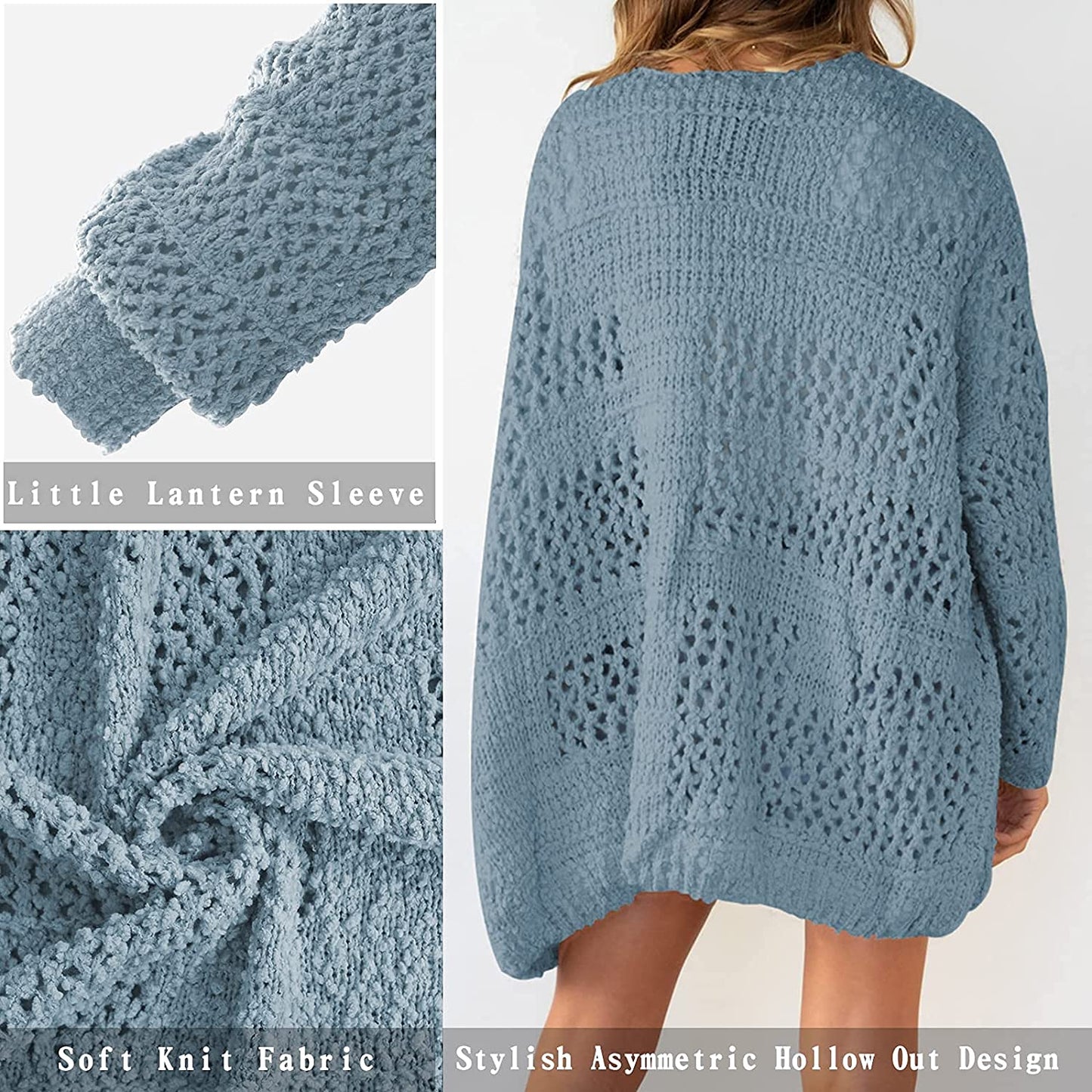 Women'S Open Front Long Sleeve Crochet Chunky Knit Cardigan Sweater Loose Outwear Blue Large