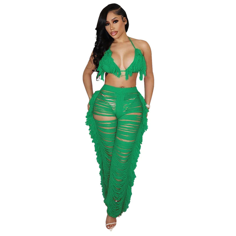 RT Sexy Women Knitted Set Two Pieces Set Halter Backless Bra Crop Top Pants Crocheted 2 Pieces Set Hollow Out Crochet Beach Set