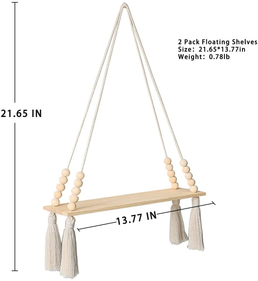 Wooden Wall Hanging Shelves - Macrame Hanging Plant Shelf With Tassel,Boho Storage Floating Shelves Handmade Rustic Hanger Planter Rack Pot Stand Holder