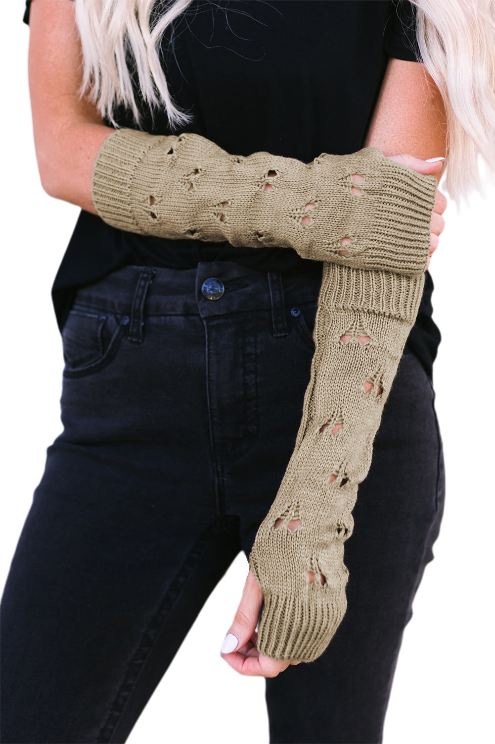 Khaki Hollow Out Heart Pattern Knitted Fingerless Gloves