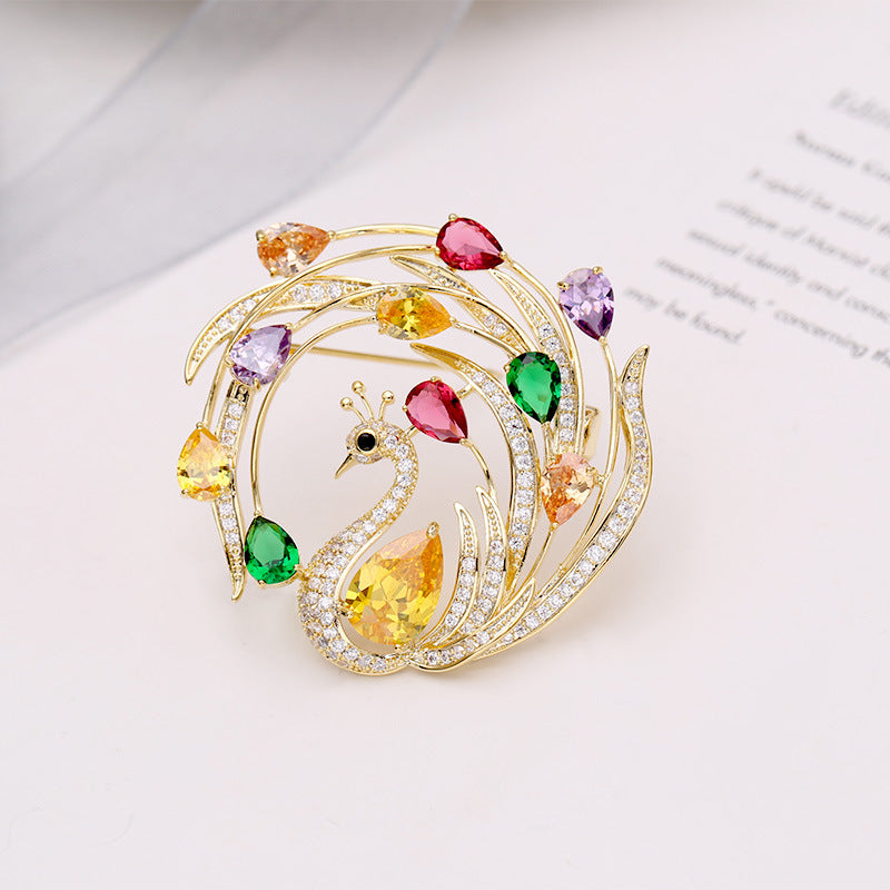 Copper inlaid zircon peacock feather corsage