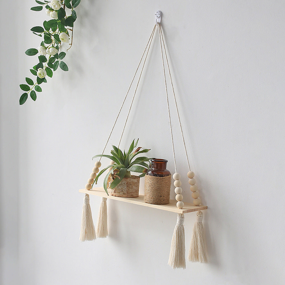 Wooden Wall Hanging Shelves - Macrame Hanging Plant Shelf With Tassel,Boho Storage Floating Shelves Handmade Rustic Hanger Planter Rack Pot Stand Holder