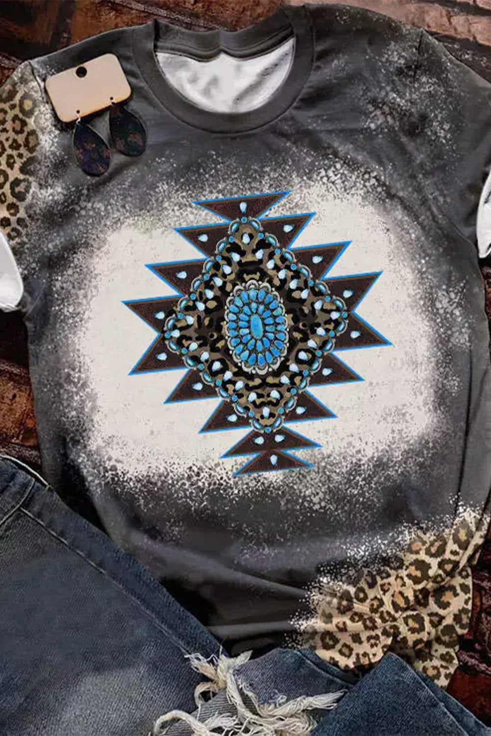 Aztec Geometric Leopard Print Short Sleeve T Shirt