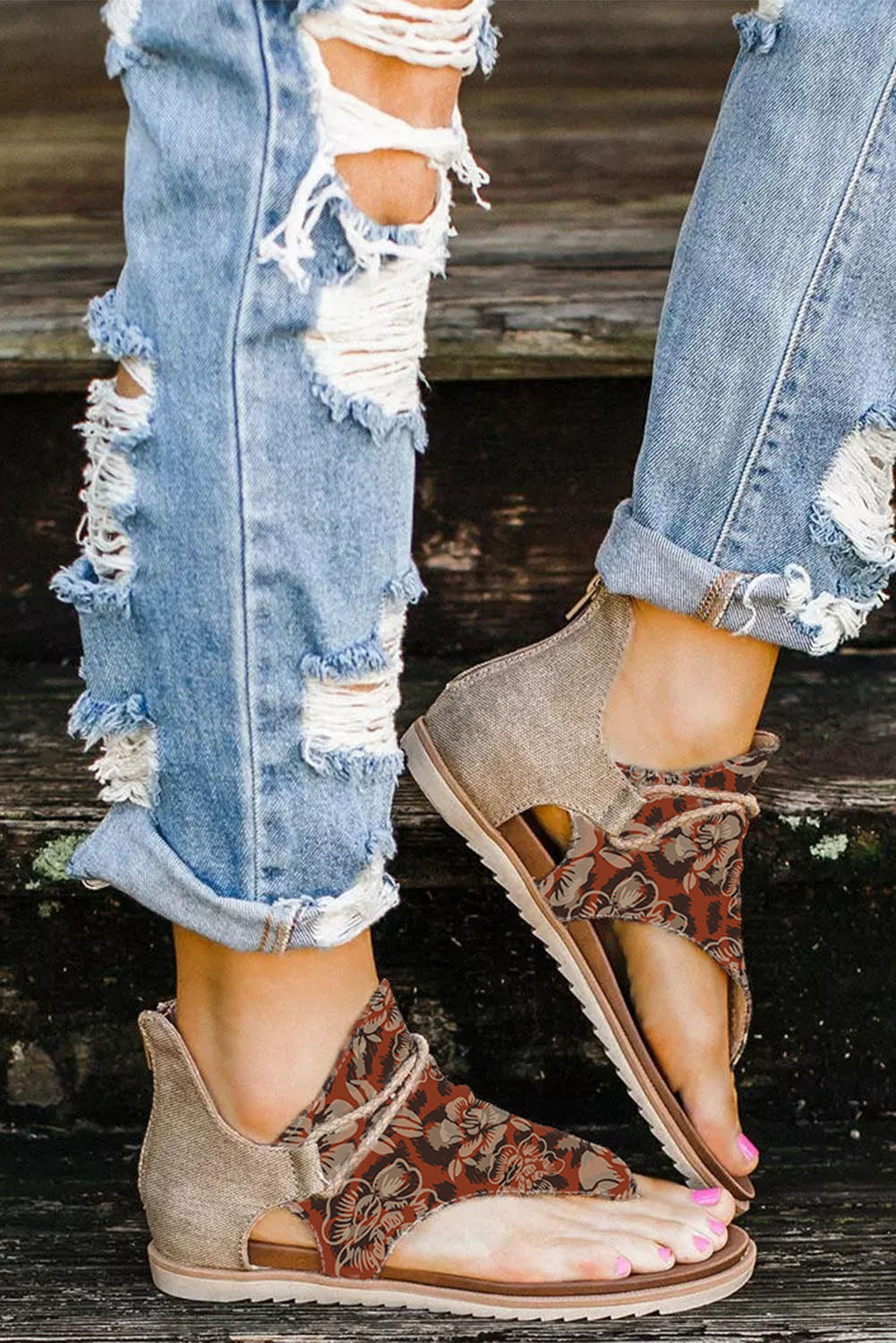 Floral Leopard Mixed Print Flip Flop Sandals
