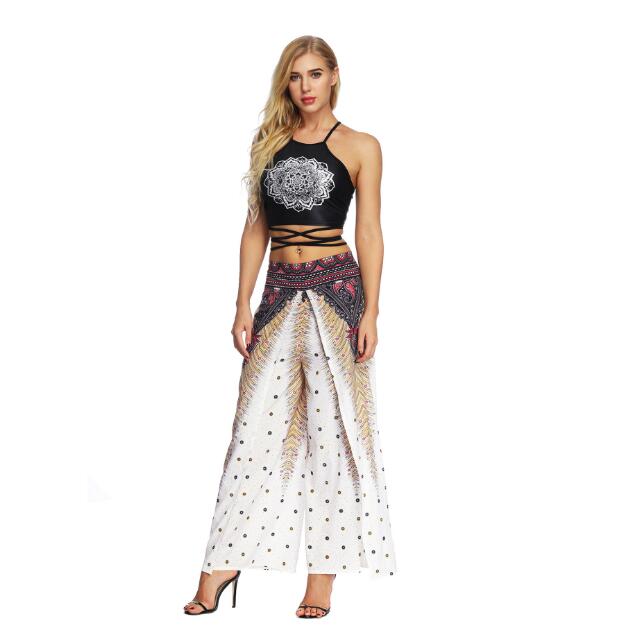 Women's Wide Leg Boho Yoga Harem Pants Comfy Gypsy Hippie Indian Thailand Bohemian Palazzo Pants Smocked Waist