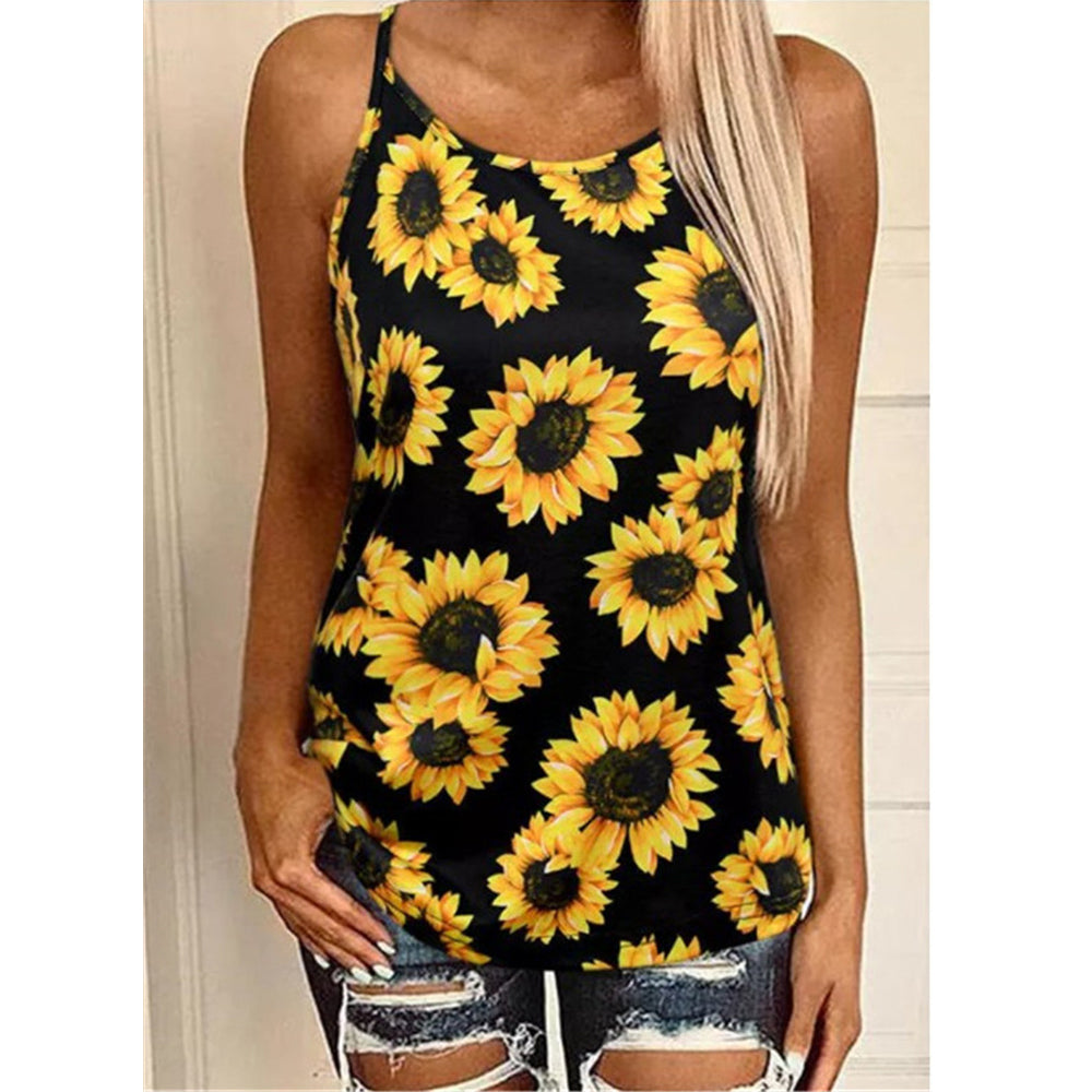 Amazon AliExpress Summer New Printed T-shirt Cross Hollow Back Spaghetti-strap Camisole Top Women In Stock