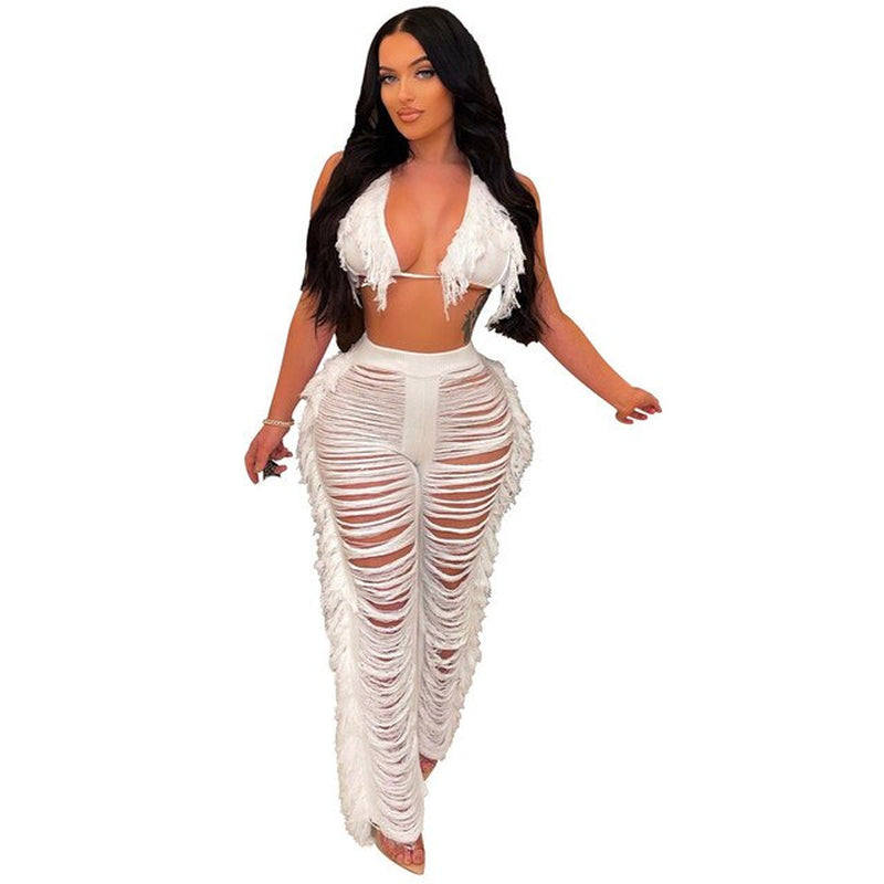 RT Sexy Women Knitted Set Two Pieces Set Halter Backless Bra Crop Top Pants Crocheted 2 Pieces Set Hollow Out Crochet Beach Set