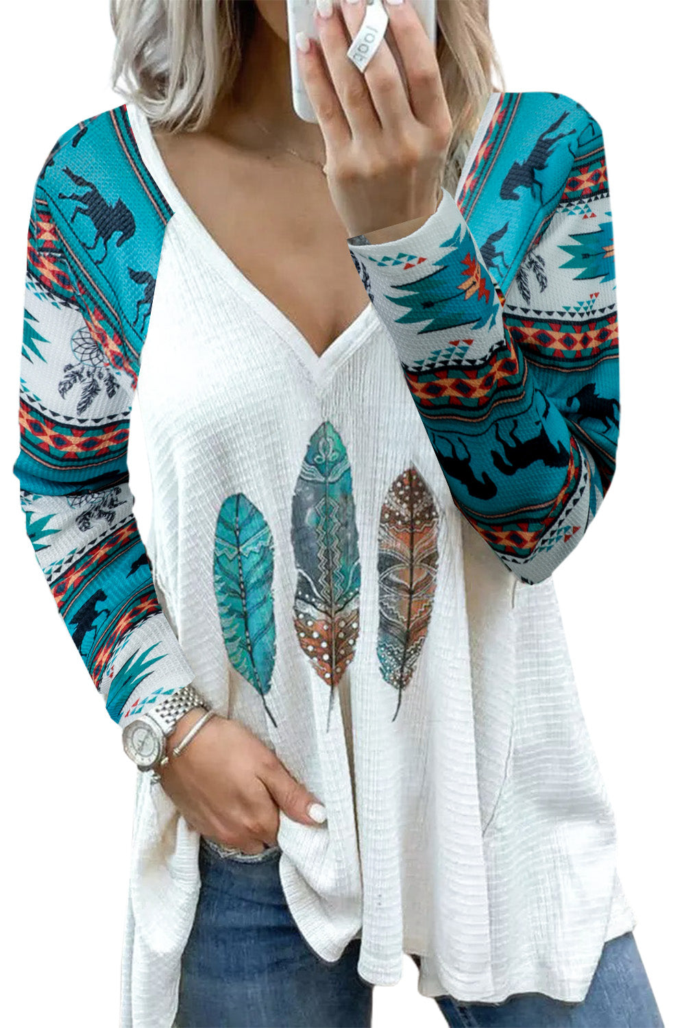 Western Aztec Geometric Feather Horse Blouse