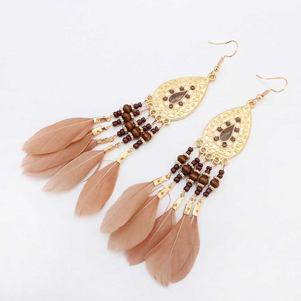 European and American feather tassel earrings female Bohemian long earrings national wind Ruili earrings