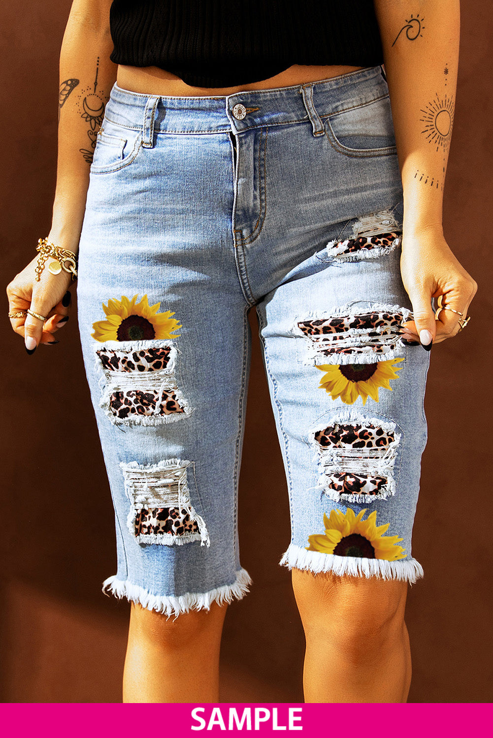 Mid-rise Ripped Camo Patches Denim Bermuda Shorts