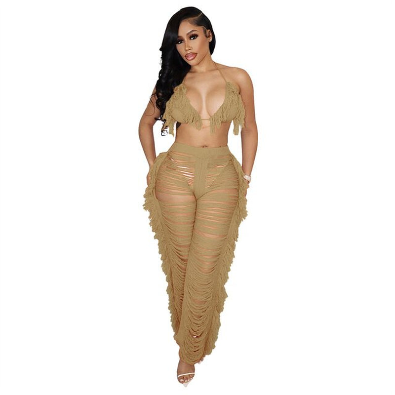 RT Sexy Women Knitted Set Two Pieces Set Halter Backless Bra Crop Top Pants Crocheted 2 Pieces Set Hollow Out Crochet Beach Set