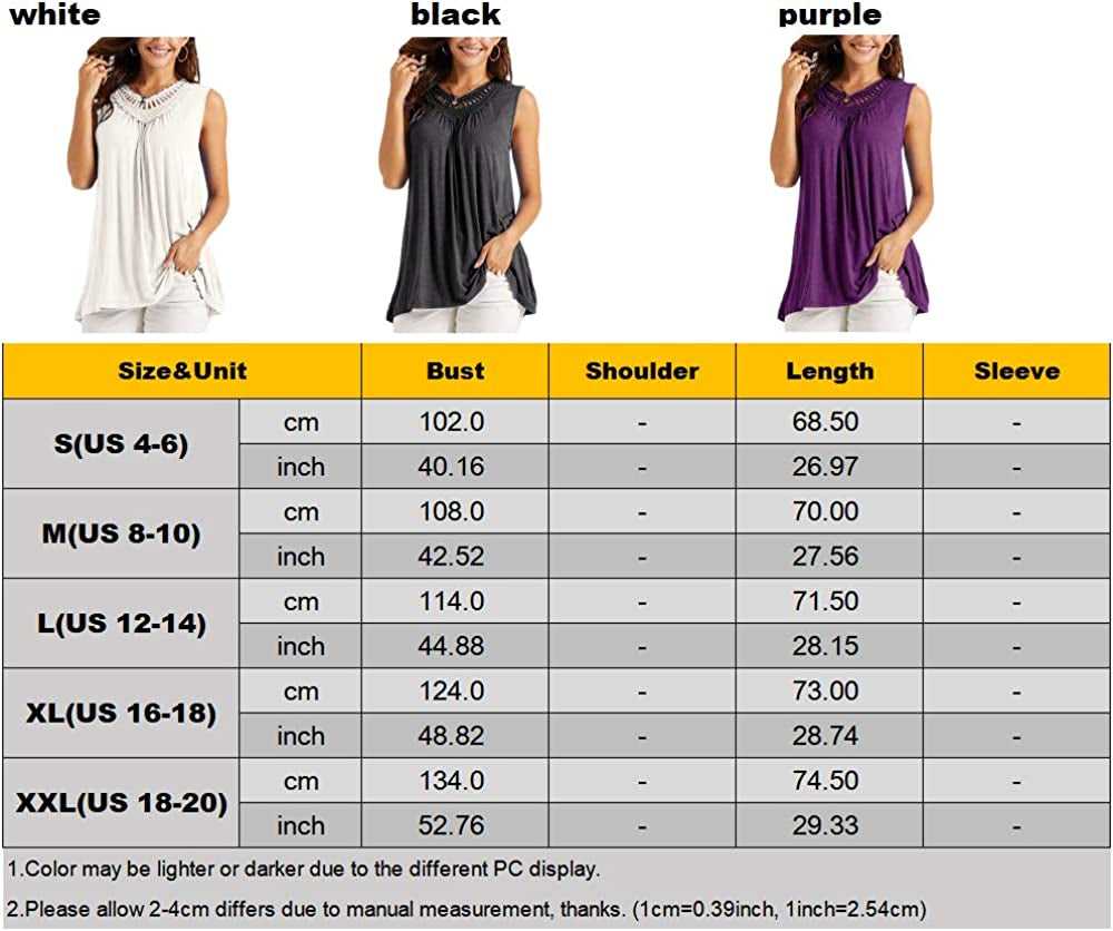 Women'S Sleeveless Tank Tops Crochet Lace Shirts Summer Basic Casual Loose Fit Tees Tunics Pleated Blouses