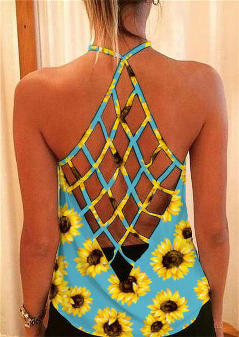 Amazon AliExpress Summer New Printed T-shirt Cross Hollow Back Spaghetti-strap Camisole Top Women In Stock