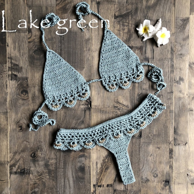 CROCHET BIKINI Summer New Women Flower Hollow Out Sexy MIMI Bikini Set Beach Split Swimsuit Crochet Backless Bras Thong Bottoms