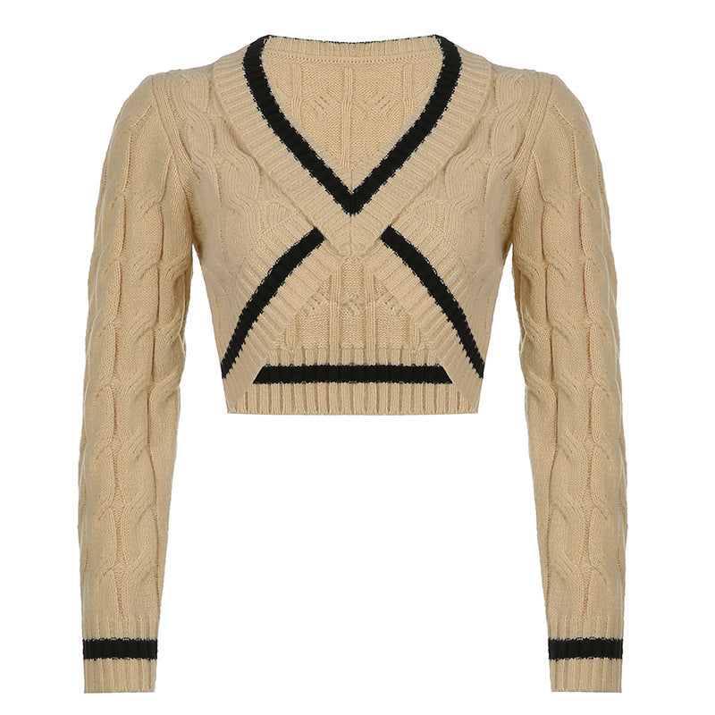 Women's Waistless Deep V Twist Sweater Long Sleeve Bottoming Top