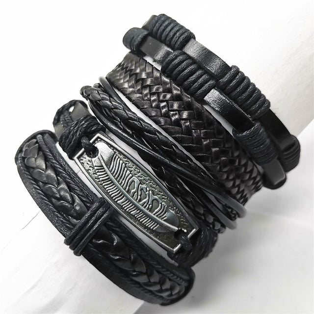 Black Feather Men's Bracelet 5 Pieces Set Wristband