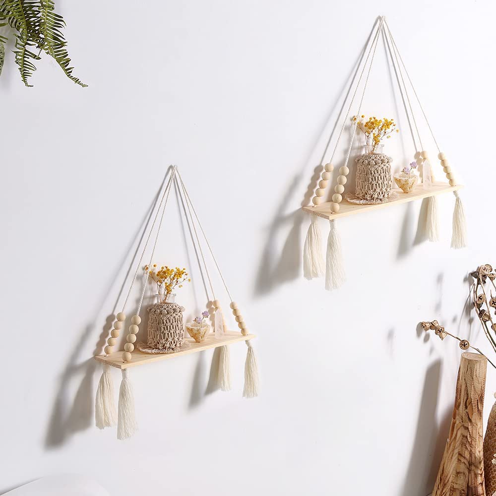 Wooden Wall Hanging Shelves - Macrame Hanging Plant Shelf With Tassel,Boho Storage Floating Shelves Handmade Rustic Hanger Planter Rack Pot Stand Holder