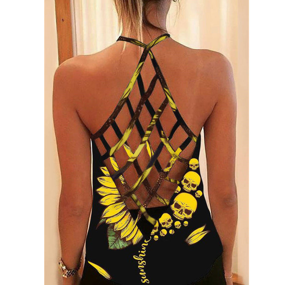 Amazon AliExpress Summer New Printed T-shirt Cross Hollow Back Spaghetti-strap Camisole Top Women In Stock