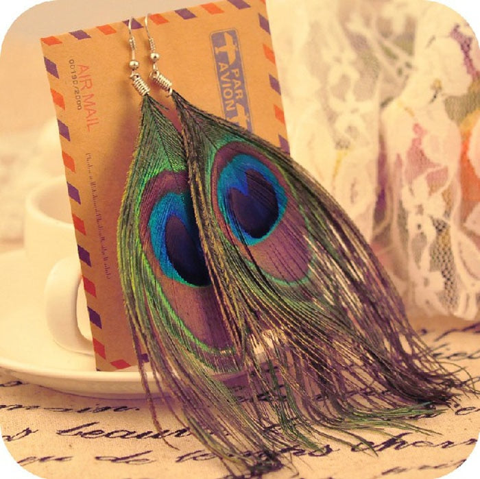 New Fashion Jewelry Earrings For Women Boho Charming Earring 2021 Simple Peacock Feather Vintage Luxury Long Dangle Earrings Cut