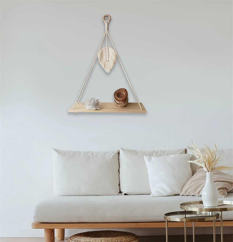 2 Pack Wooden Wall Hanging Shelves - Macrame Hanging Plant Shelf With Leaf,Boho Storage Floating Shelves Handmade Rustic Hanger Planter Rack Pot Stand Holder