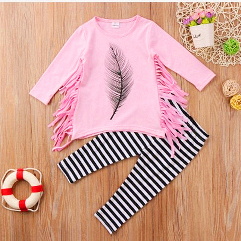Spring And Autumn New European And American Girls Round Neck Printed Feather Sleeve Striped Pants Two-piece Suit