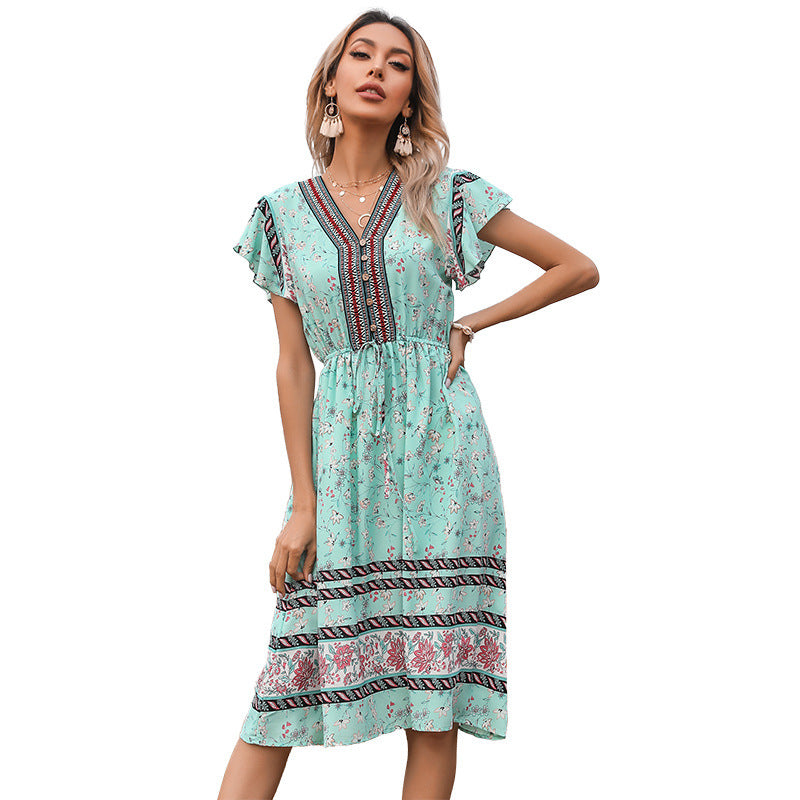 V-neck Lace Up Short Sleeve Dress