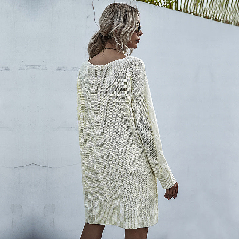 Pullover V-neck Long Sleeve Knitted Dress