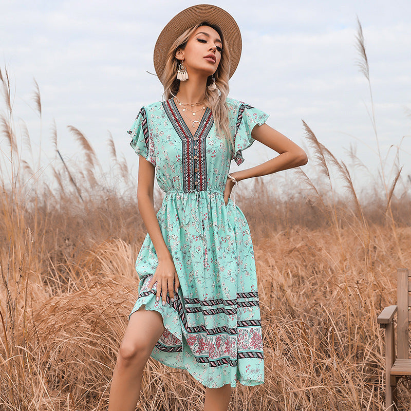 V-neck Lace Up Short Sleeve Dress