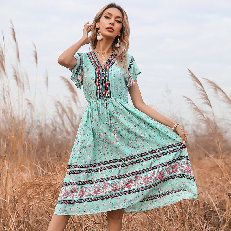 V-neck Lace Up Short Sleeve Dress