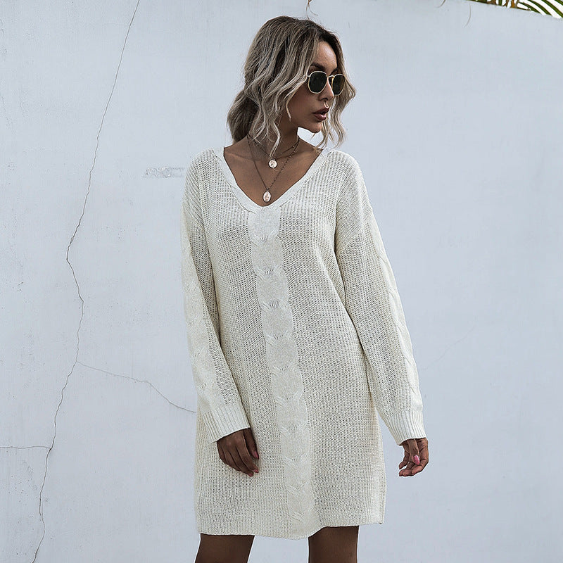 Pullover V-neck Long Sleeve Knitted Dress