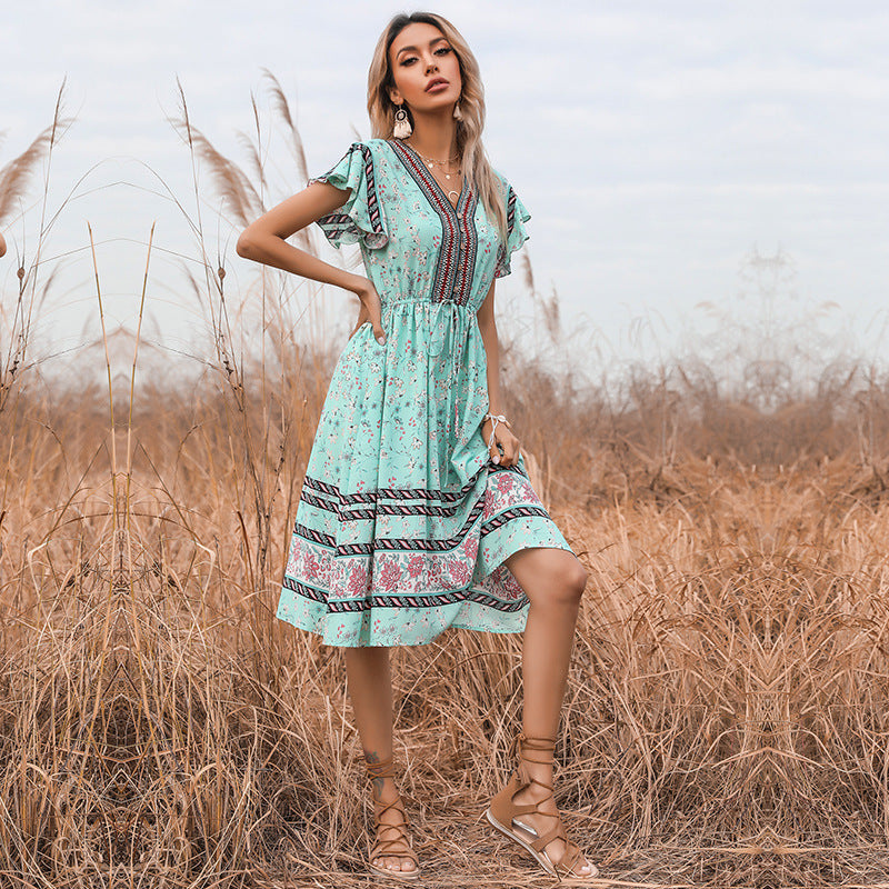 V-neck Lace Up Short Sleeve Dress