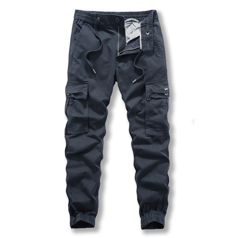 Casual pants: Men's new style overalls, trendy and versatile, washed pure cotton legged multi bag pants