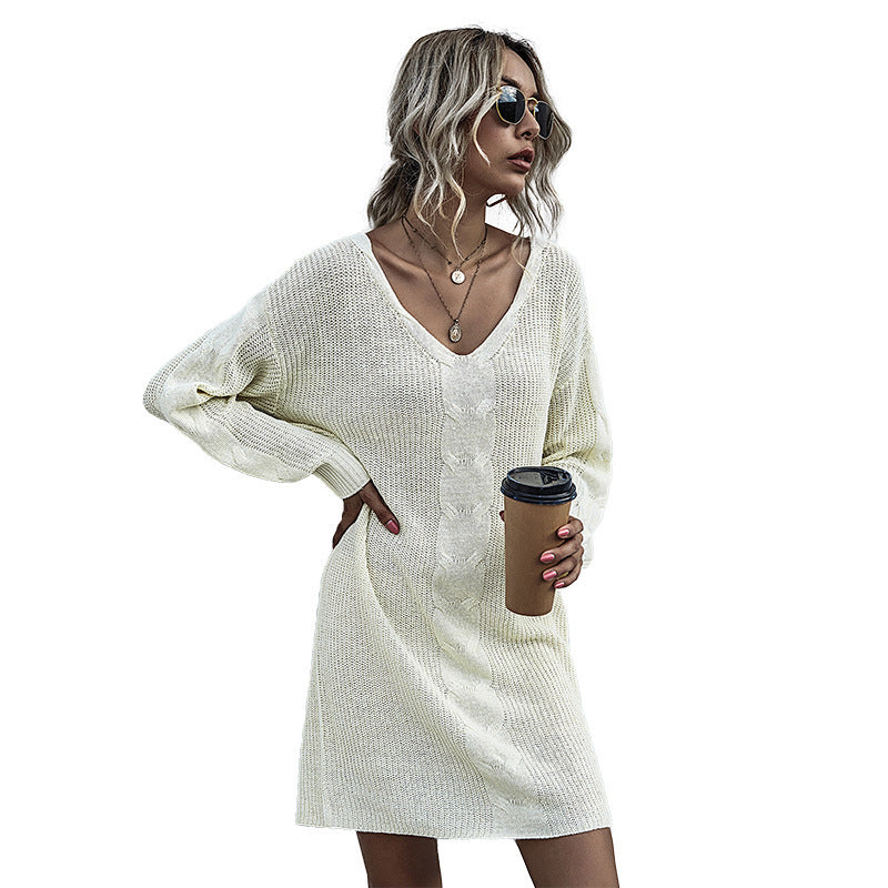 Pullover V-neck Long Sleeve Knitted Dress