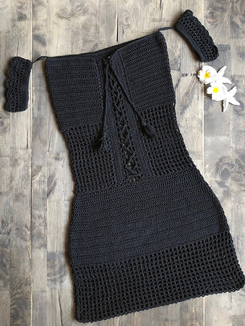 Women Fashion Bandage Hollow-Out Dress Crochet Bikini Cover-Up Boho One Piece Swimwear Sexy Swimsuit