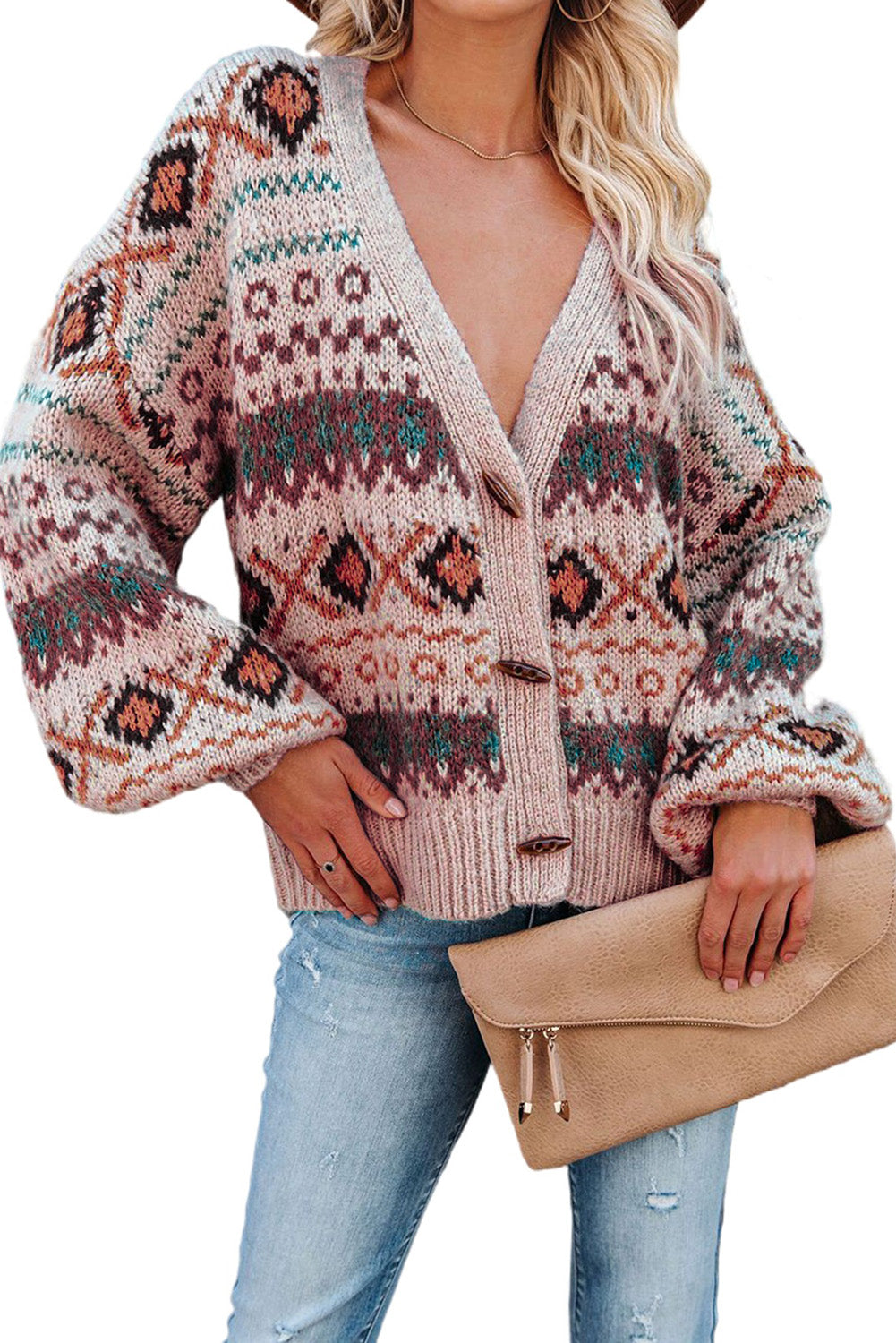 Multicolor Tribal Pattern V Neck Button Front Cardigan