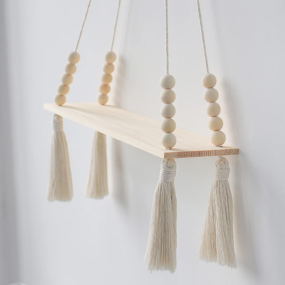Wooden Wall Hanging Shelves - Macrame Hanging Plant Shelf With Tassel,Boho Storage Floating Shelves Handmade Rustic Hanger Planter Rack Pot Stand Holder
