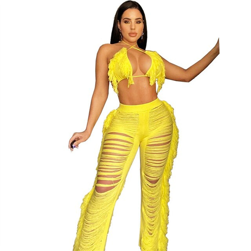 RT Sexy Women Knitted Set Two Pieces Set Halter Backless Bra Crop Top Pants Crocheted 2 Pieces Set Hollow Out Crochet Beach Set