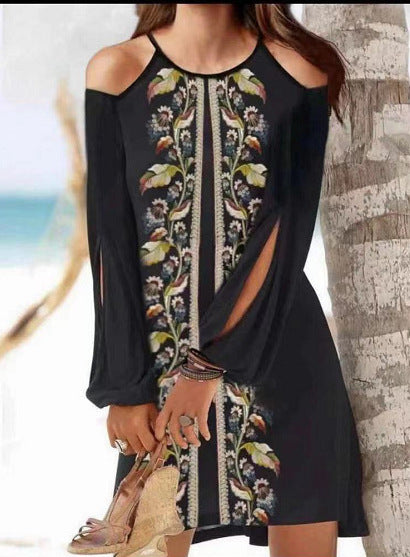 Cutout Off Shoulder Long Sleeve Resort Boho Dress