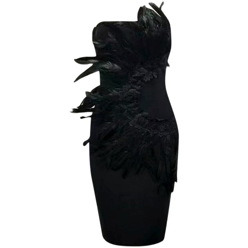 Tube Top High-end Chest Feather Stitching Fashion Tight Waist Bandage Dress