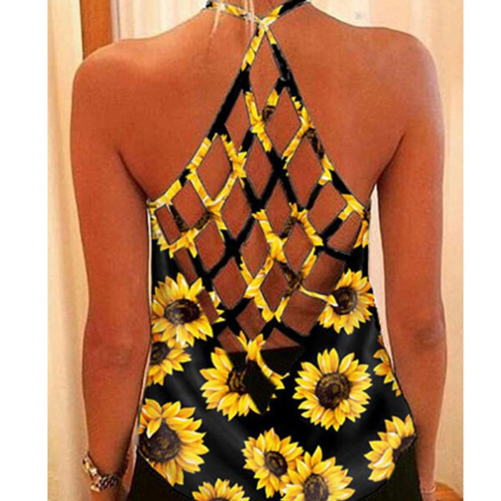 Amazon AliExpress Summer New Printed T-shirt Cross Hollow Back Spaghetti-strap Camisole Top Women In Stock