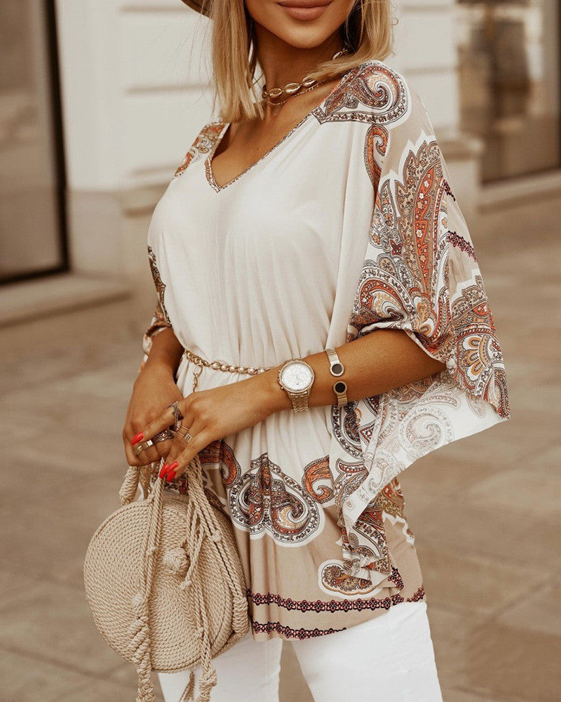 Apricot Printed Bat Sleeve Top