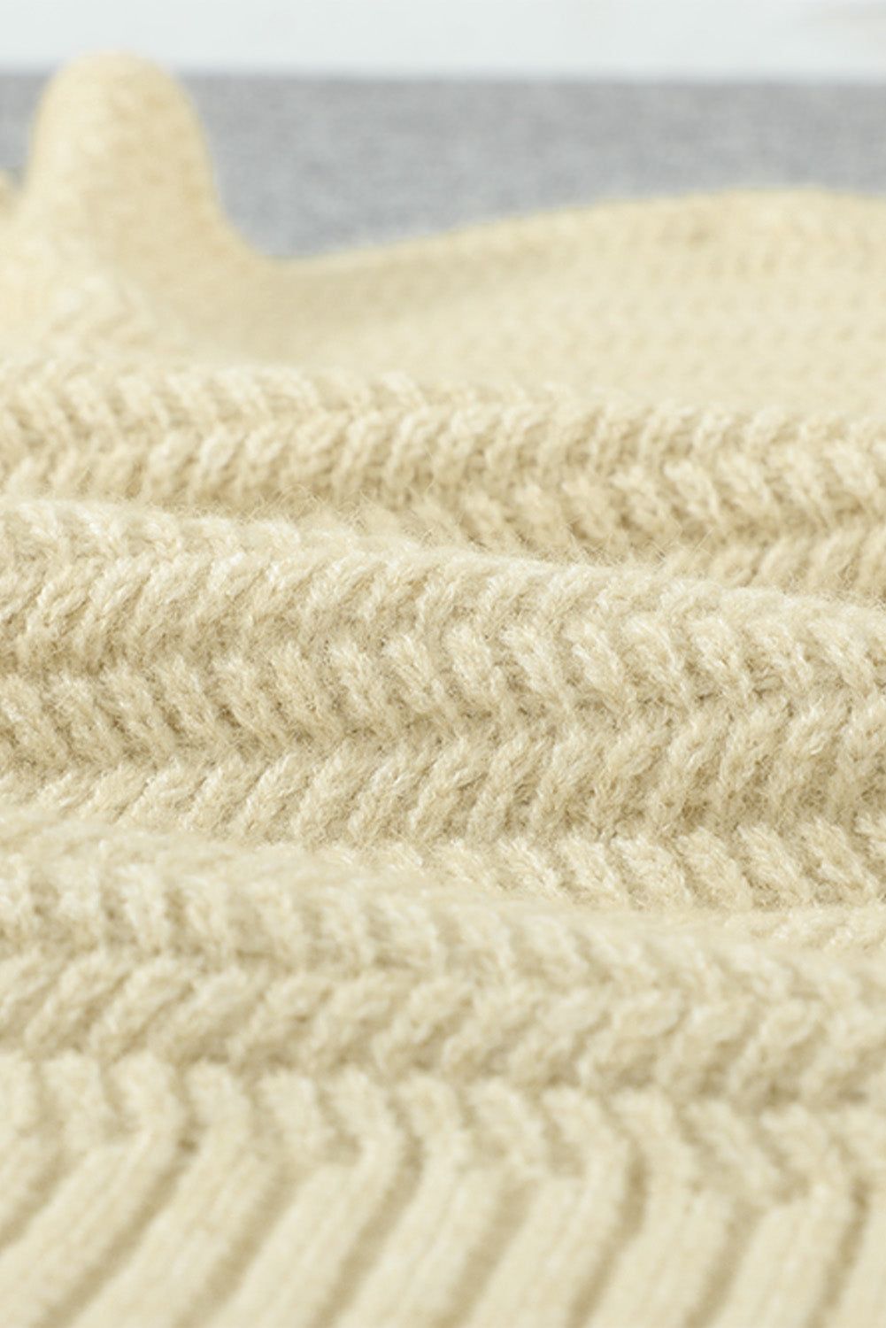 Beige Lace Scalloped V-Neck Side Split Loose Sweater