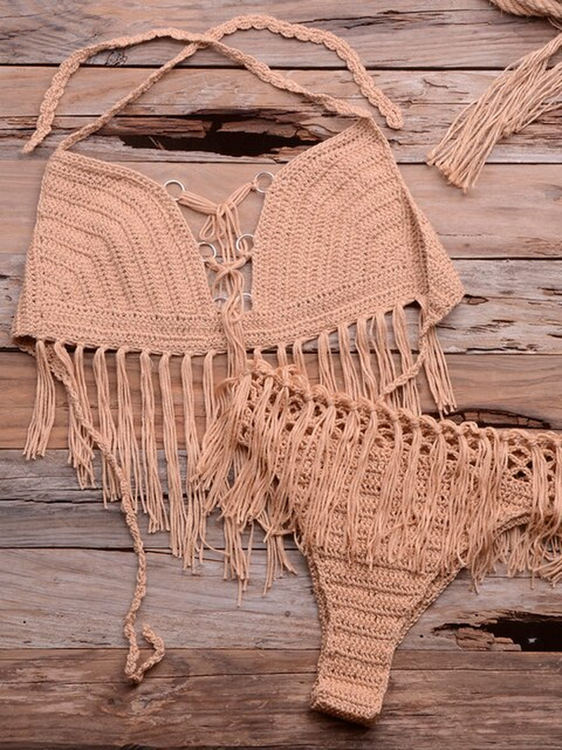 Crochet Knitted Tassel Bikini Set Ladies Swimwear Beachwear Bra Thong Summer Bathing Suit Push up Swimsuits Immadman 6604