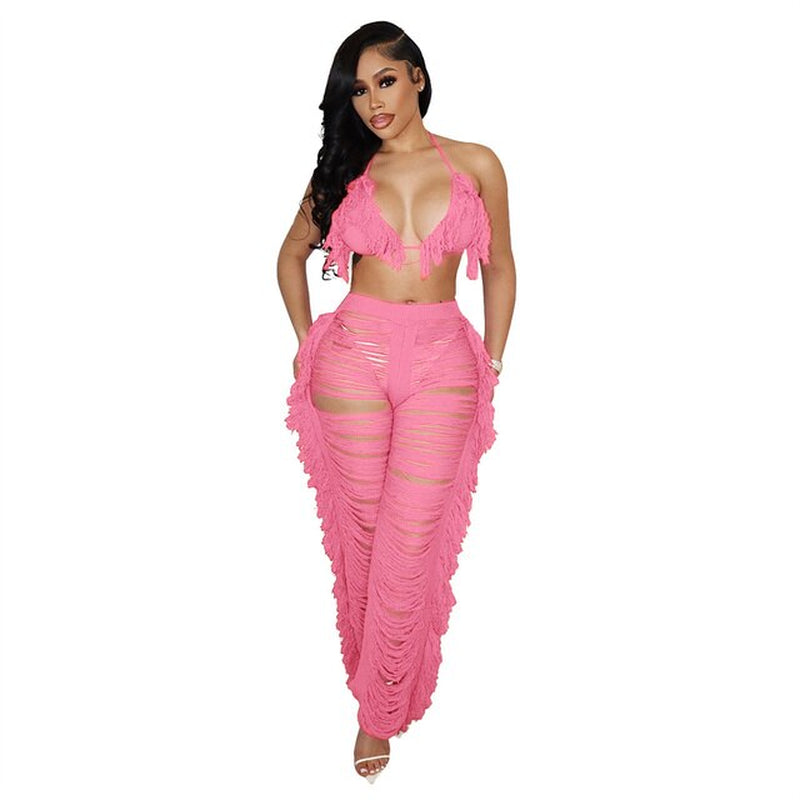 RT Sexy Women Knitted Set Two Pieces Set Halter Backless Bra Crop Top Pants Crocheted 2 Pieces Set Hollow Out Crochet Beach Set