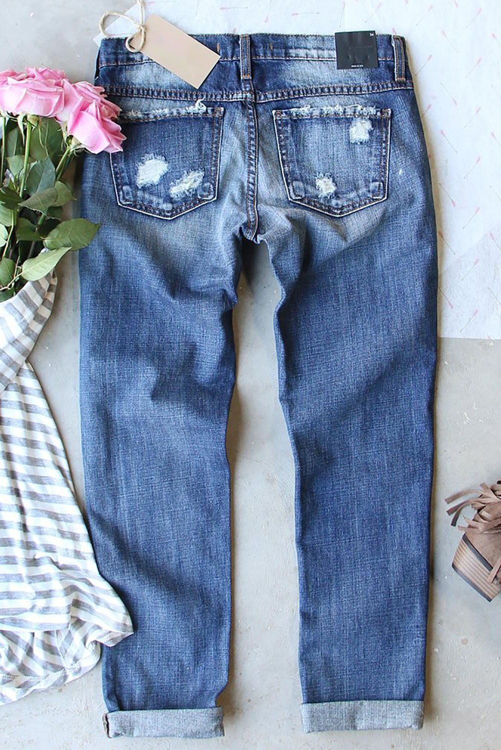 Flowers Printed Patch Ripped Boyfriend Denim Jeans